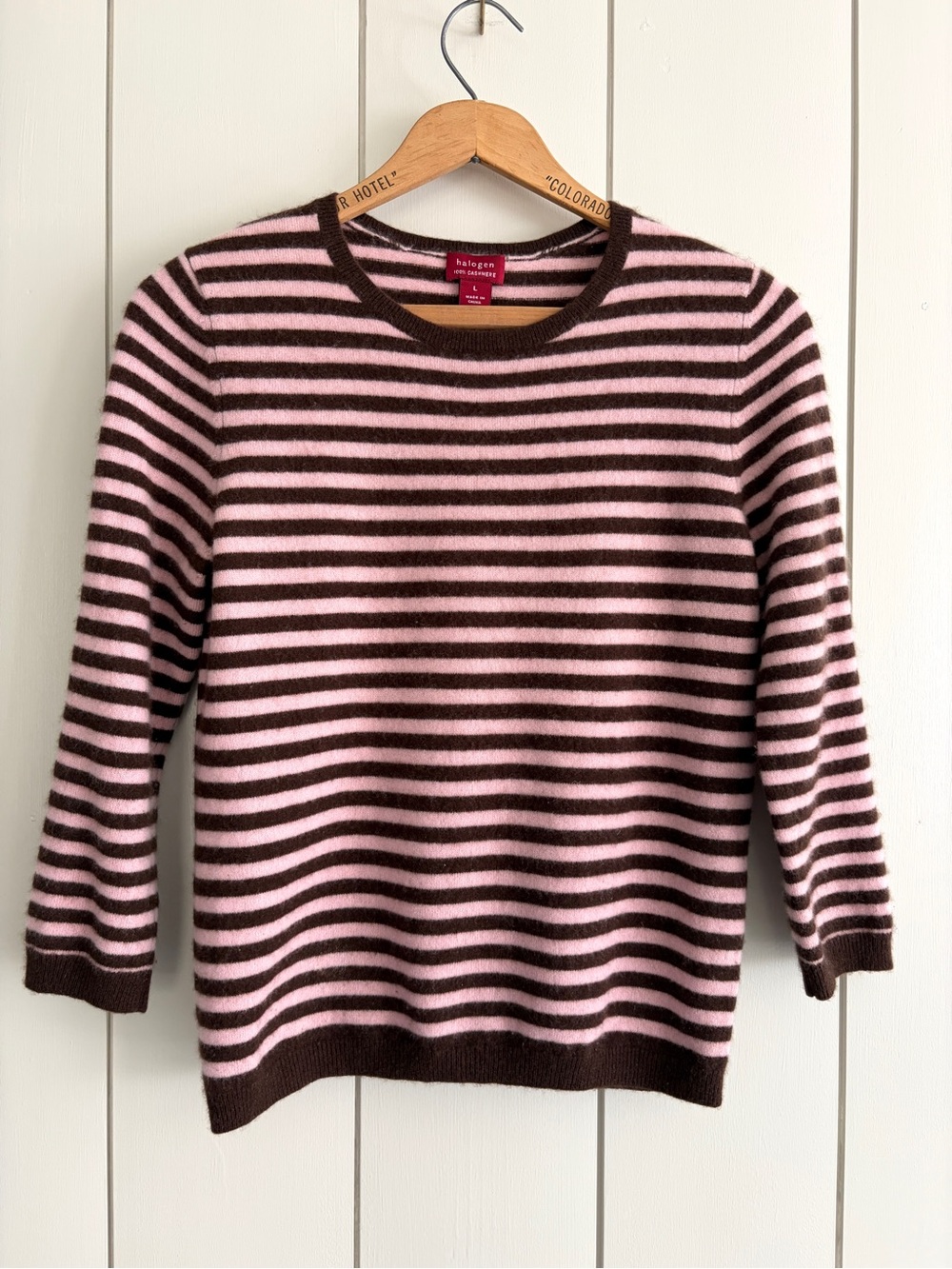 Halogen Pink and Brown Striped Crewneck Cashmere Sweater, Sz XL